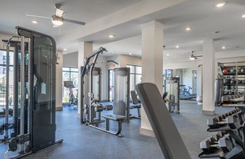 A spacious gym with a variety of equipment including a treadmill, weight bench, and dumbbells at The Delaney at East Park Apartments, Kennesaw